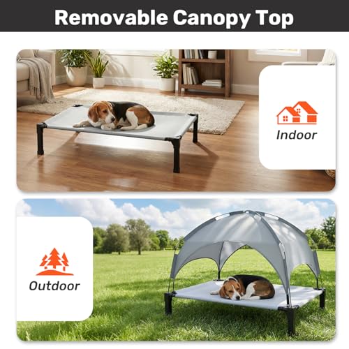 Heeyoo Elevated Dog Bed with Removable Canopy, Portable Dog Cot with Sun Protection Shade Tent, Raised Pet Cooling Cot Bed for Dogs, 51in - color: Grey, size: 51"L x 36"W x 9.5"H