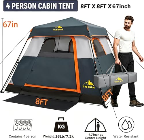 3/4 Person Camping Tent with 1 Door, 4 Windows, and Upgraded Ventilation– Instant Setup, Waterproof, 8'x 8'x 67''Oxford Fabric Floor Pop Up in 60 Seconds Includes Rainfly and Backpack - color: 4 Person Slate Gray