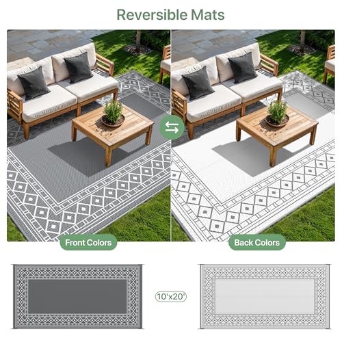 GENIMO Outdoor Rug Waterproof for Patio Decor, 10'x20' Foldable Reversible Plastic Straw Carpet, Outside Area Mat for Rv, Deck, Picnic, Porch, Camper, Balcony, Beach, Grey & White - color: Grey & White | Natural, size: 10' x 20' (Rectangular)