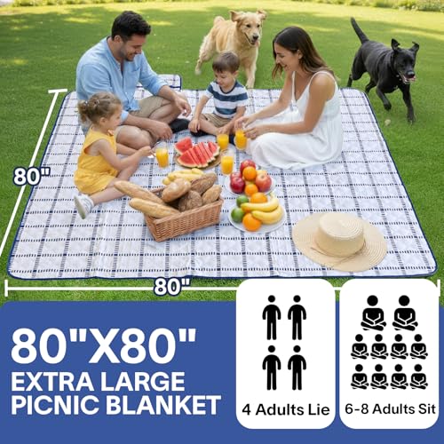 Alvantor® Extra Large Picnic Blanket, 80"x80" Waterproof Outdoor Blanket, Foldable Camping Blanket with Hook & Loop Straps, Portable for Beach, Park, Travel, Sandproof, Soft & Durable,Blue - color: Bule and White