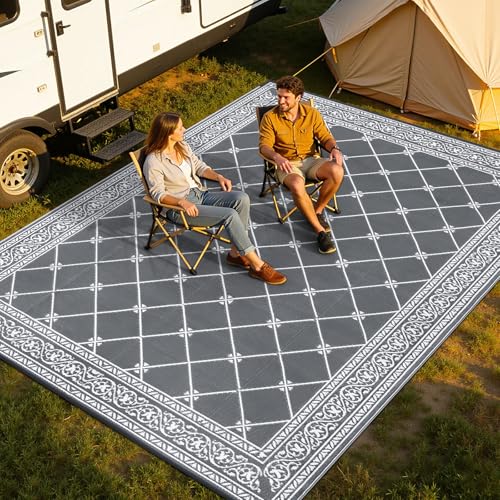 Outdoor Rug Waterproof Washable Extra Large Reversible Sandproof Outdoor Patio Rugs Outside Mat for RV, Patios, Deck, Beach, Camping (Classic Grey, 10'x14') - color: Classic Grey, size: 10' x 14' (Rectangular)