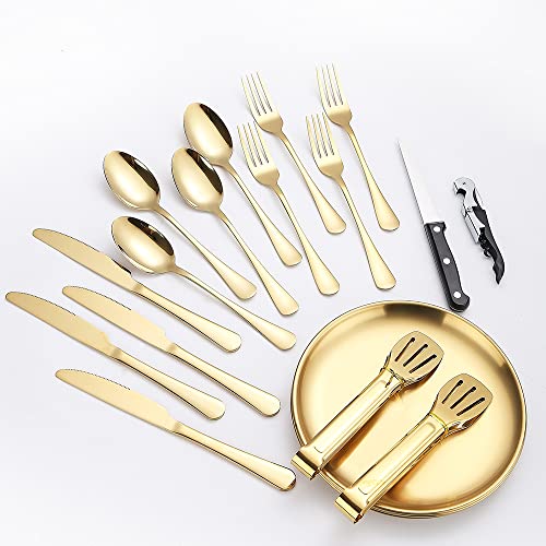 Picnic Dishes Utensils Gold Camping Flatware Set for 4 Portable Dinnerware Plates Silverware Forks Spoons knives Bottle Opener Food Tongs Complete Kit with Zipper Bag - size: 20, style: Gold Camping Flatware