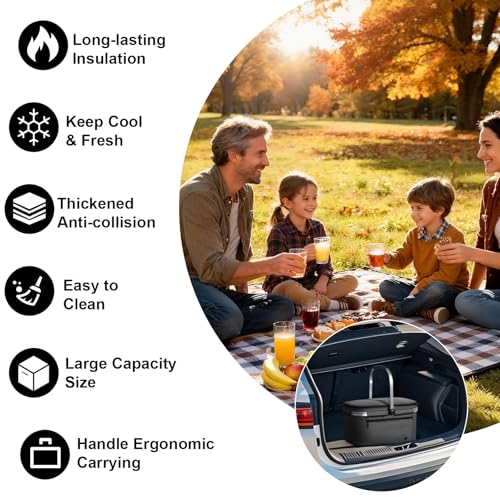 ALLCAMP Picnic Basket - 2 Ice Box Included 32L Insulated Cooler, Thickening Foldable Picnic Basket with Removable Baskets & Sewn-in Frame, Basket for House Warming Gifts New Home(Smoke Gray) - color: Smoke Gray, size: Large