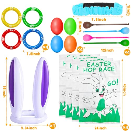 19 Pack Easter Outdoor Party Games for Kid Family, School Carnival Game 4 Bunny Potato Sack Race Bag, Egg and Spoon Relay Race, 2 3-Legged Band, 1 Ear Ring Toss Game (4 Score Rings) Easter Eggs Hunt