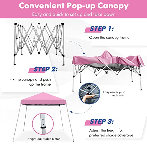 Tangkula 10x10 Ft Pop Up Canopy, Slanted Leg Outdoor Canopy Tent with Center Lock, UPF50+ Sun Protection, 4 Stakes, 8 Ropes, Carrying Bag, 1 Person Setup Instant Tent Shelter for Camp, Beach, Patio - color: Pink