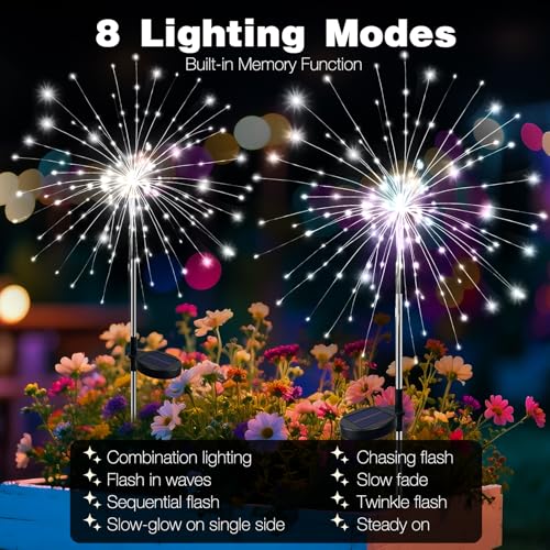 btfarm 2 Pack 120 LED Solar Garden Lights Outdoor, 8 Modes Firework Lights Solar Powered, Waterproof Twinkle Fairy Light Outside for Yard Patio Pathway Pool Christmas Party Decorative, Cool White - color: Cool White, size: 2 Pack