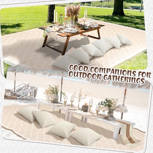 Beeveer Extra Large Outdoor Boho Picnic Blanket 150'' X 71'' Beige White Table Runner 6 Throw Pillow Cover Woven Cotton Yarn Oversize Beach Blanket Washable for Picnic Camp Wedding - color: Beige White, size: Fit 10-12 People 150'' X 71''