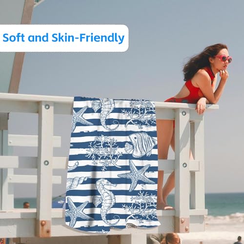 Starfish Microfiber Beach Towels,Underwater Starfish Seahorse with Coral on Stripes Oversized Absorbent Bath Towels,Soft Quick Dry Thin Camping Towel for Adults Women Men,29.5"×59" - color: Underwater Starfish Seahorse With Coral on Stripes