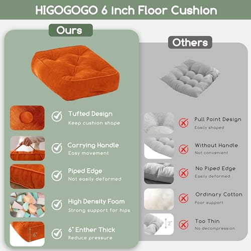 6" Extra Thick Floor Pillow Cushion for Adults, Meditation Cushion Pillow with Handle, Lustrous Chenille Tufted, Square Floor Sitting for Tatami Living Room or Yoga, 22x22 Inch, 2Pack, Orange - color: Square Orange, size: 6" Thick(pack of 2)