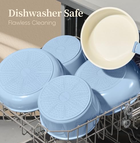 CAROTE 15Pcs Ceramic Cookware Set, Pots and Pans Set Non Stick, Kitchen Cooking Set with Detachable Handle, Non Toxic Induction Cookware, Dishwasher/Oven Safe - color: Light Blue
