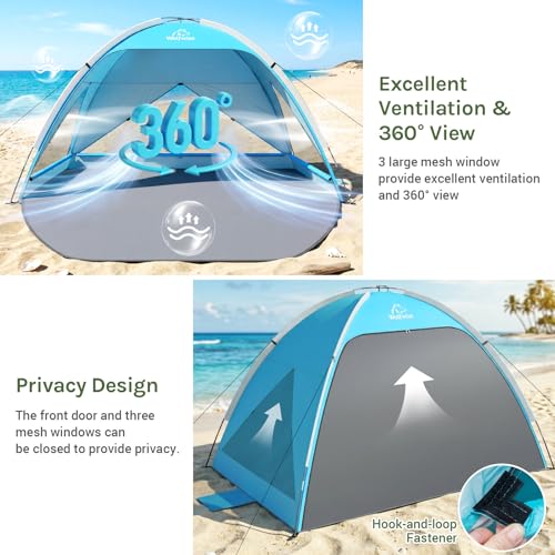 Wolfwise Large Beach Tent Sun Shelter for 3-4 Person, Spacious Sun Shade UPF 50+ UV Protection, Extendable Floor for Privacy, 3 Ventilated Mesh Windows, Portable with Carrying Bag, 95 ″x65″x55″, Blue - color: Blue
