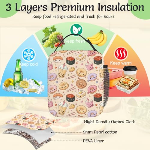 Insulated Small Lunch Box,Cute Donut Reusable Lunch Bag for Kids Adult Women,Bubbles Tea Large Capacity Portable Thermal Bag with Mutiple Pockets for School,Work,Picnic - color: Cute Donut