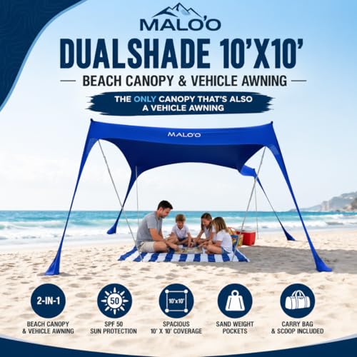 Malo'o DualShade 10x10 Beach Canopy & Vehicle Awning – Exclusive 2-in-1 Sun Shelter, SPF 50 Shade Tent, Car Camping Awning, Carry Bag Included - color: Gray