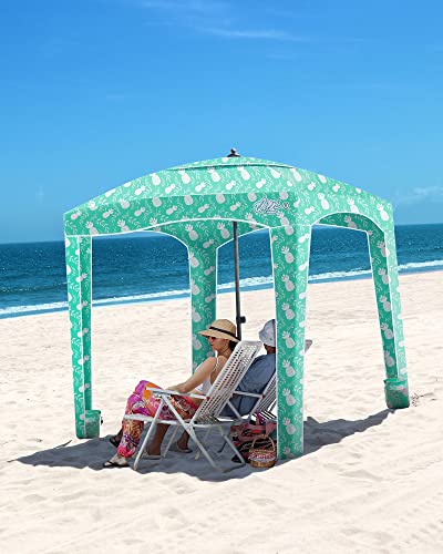 Qipi Beach Cabanas for Sand, Beach Canopy with Sandbags & Side Wall for Family, Easy Set Up Sun Shelter, UPF 50+ UV Protection with Roof Vent - color: 6' x 6' A-Pineapple Jungle