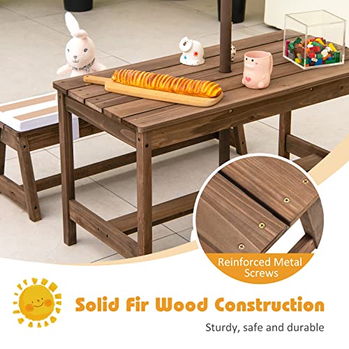 KOTEK Kids Picnic Table with Umbrella Foldable, Backyard Wooden Table & Bench Set w/Removable Cushions, Activity Art Play Table, Indoor Outdoor Toddler Picnic Table for Patio, Lawn & Garden (Brown) - color: Brown