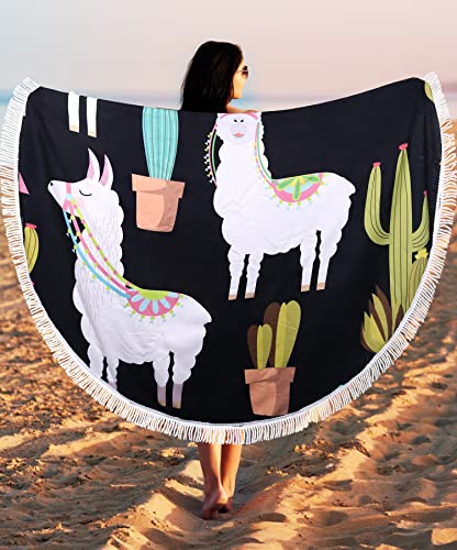 Benefeet Sox Beach Towel Large Round Mandala Pool Towels Tassels Microfiber Quick Dry Beach Blanket Throw Bohemian Roundie Swim Pool Circle Towel, 59 Inches - color: Cute Llama Cactus; Black