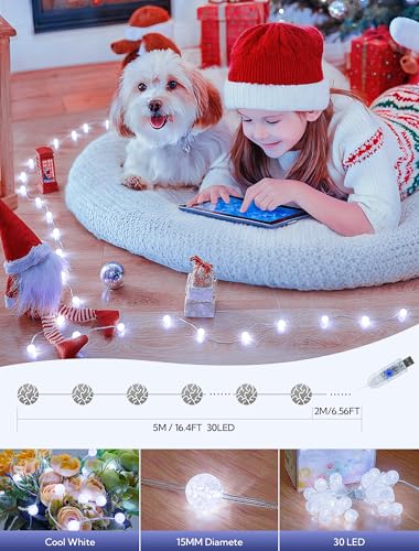Upgrade Globe String Lights,10FT 30 LED USB Fairy Lights,8 Modes Crystal Crackle Ball Lights,Waterproof Decorative Christmas Lights for Indoor,Outdoor,Bedroom,Classroom,Wedding,Party,White - color: White, size: 30LED