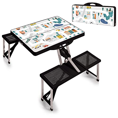 Picnic TIME Portable Folding Picnic Table with Seats for 4, Collapsible Aluminum Table with Benches & Umbrella Hole, Lightweight Foldable Table for Camping, Travel, Backyard, Tailgating | with Umbrella Hole - color: Play Town - Black
