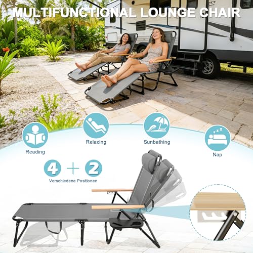 Outdoor Chaise Lounge Chair with 4-Position Adjustable Backrest, Patio Folding Sun Tanning Chair, Pillow & Cup Holder, Portable Recliner Sunbathing Lounger Chairs for Pool Beach Lawn Garden (Grey) - color: Grey