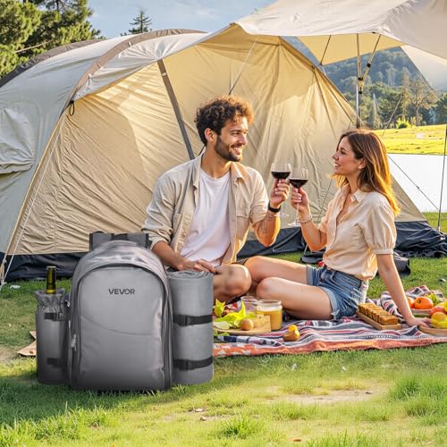 VEVOR Picnic Backpack, Beach Picnic Backpack Bag for 2 Person with Insulated Cooler Compartment, Detachable Bottle/Wine Holder, Lightweight Blanket, Plates and Cutlery Set for Hiking, Camping, Grey - size: single layer for 2 & gray