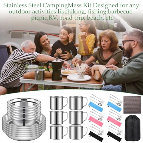 Lallisa Outdoor Camping Cookware Mess Kit Polished Stainless Steel Dishes Camping Utensils Portable Tableware with Plates Cups Spoons Forks Knives Mesh Bag for Backpacking Hiking