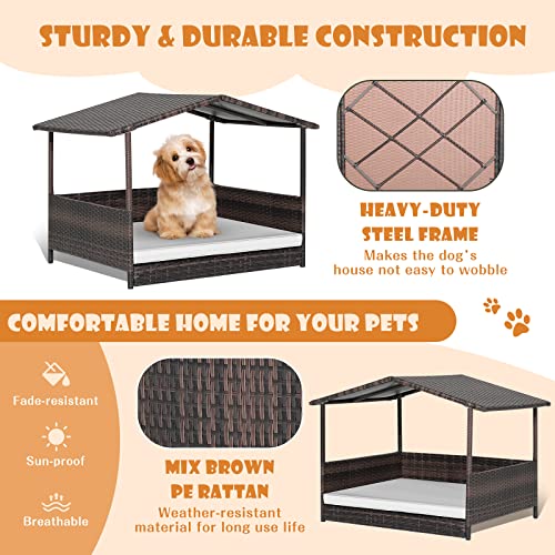 Giantex Wicker Dog House, Raised Rattan Dog Bed with Waterproof Roof, Washable Cushion Cover, Steel Frame, Indoor Outdoor Elevated Dog Bed Pet House for Small Medium Dogs Cats, Easy Assembly - style: Brown House & White Cushion