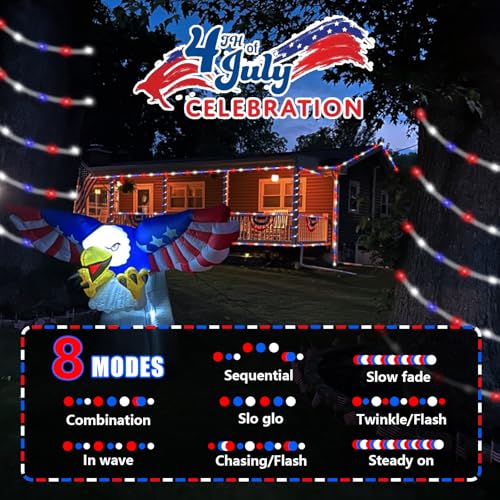 YEGUO Solar Rope Lights Outdoor Waterproof, 66ft 200 LED Red White and Blue Lights, 8 Modes Fairy Lights in Clear Thin Tube for Indoor Independence Memorial Day - color: Red White Blue