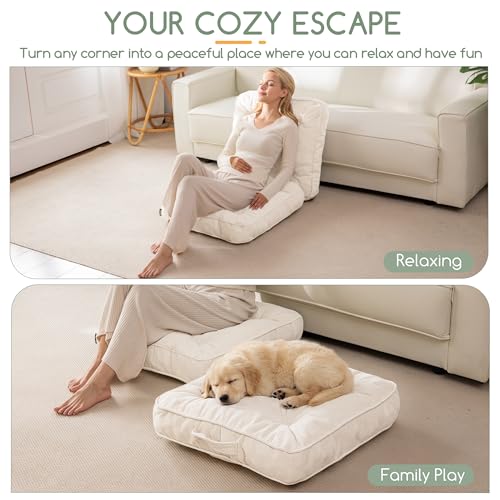 HIGOGOGO Large Floor Pillow Cushion for Adults, Meditation Cushion Pillow with Handle, Lustrous Chenille Tufted, Square Floor Sitting for Tatami Living Room or Yoga, 22x22 Inch, Beige - color: Square Beige, size: 4" Thick(pack of 1)