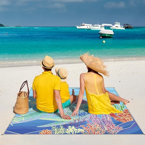 Beach Blanket Waterproof Sandproof Large Beach Mat 79" X 83" for 2-4 Adults Sand Free Mat Quick Drying,Lightweight & Durable with 4 Stakes & 4 Corner Pockets for Beach Travel Camping.(Sea Turtle) - color: Sea Turtle, size: 79" X 83"