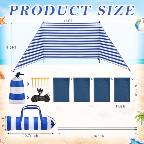Tigeen 15 x 4.6 ft Beach Wind Screen Set Wind Blocker Sunbathing Privacy Screen Stripe with with 2 Metal Pole Ground Stake Carry Bag Portable Beach Windscreen for Summer Sand Outdoor Protection Sport