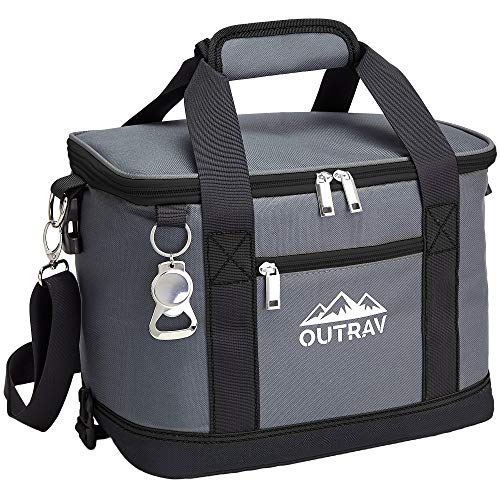 Collapsible Insulated Cooler Bag – 6L Thermal Lunch Bag with Bottle Opener, 16 Can Capacity – Perfect For Camping, Picnics and Travel - Handles and Removable Shoulder Strap - By Outrav - color: Grey with Black Trim