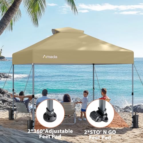 Amada 10x10 Pop Up Canopy Tent, 1-Button Push Easy-up Outdoor Canopy Beach Tent with 3-Height Adjustable Waterproof Shade Shelter, Wheeled STO-N-Go Bag 8 Stakes, 4 SandBags (Khaki) - color: Khaki, size: 10x10ft