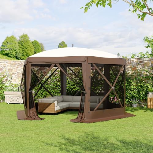 GarveeLife 11.5x11.5FT 6-Sided Pop Up Gazebo Tent，One-Push Setup Canopy Tent with Mesh Panels & Removable Wind Cloths, Outdoor shelter for Camping, Backyard Parties, Outdoor Events - Beige & Khaki - color: Beige & Khaki, size: Traditional Top - 11.5ft