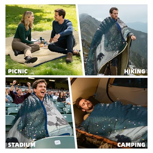 Outdoor Camping Blanket with Sherpa Lining, Extra Warm Thick Camp Blankets and Puffy Ultralight Soft Poncho DWR Camping Quilt for Cold Weather, Adventure, Sleeping, Backpacking 78"x 56" - color: Ridge Exploration, size: 78 x 56 inches