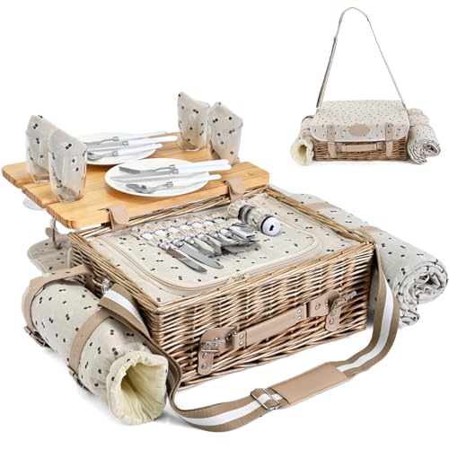 Multifunctional Wicker Picnic Basket Set for 4 with Blanket and Picnic Table, Insulated Picnic Set with Full Tablewares for Camping Outdoor Couples,Cherry - color: Cherry With Blanket &Table for 4