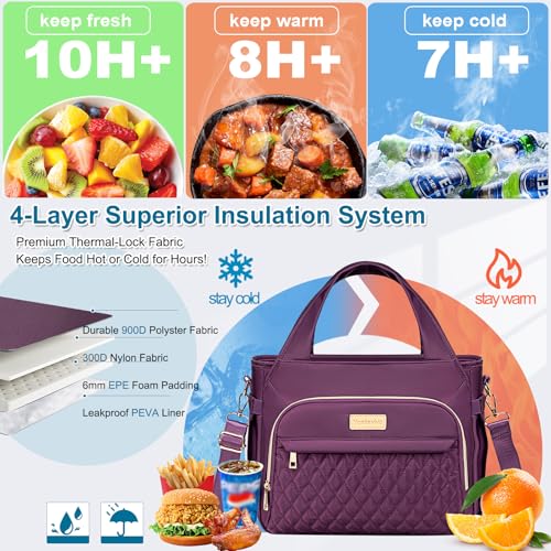 Lunch Bag Lunch Box Women - Insulated Lunch Tote Bag for Women Men, Leakproof Large Womens Lunch Bags for Work, Lunch Cooler Bag for Adult with Side Pocket for Picnic, Hiking, Beach (Purple) - color: Purple