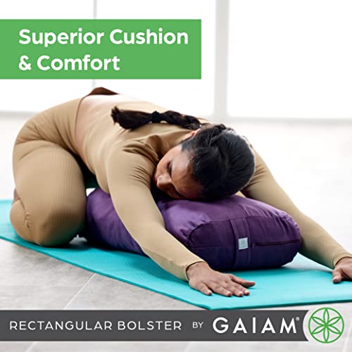 Gaiam Yoga Bolster Pillow, Soft Meditation Cushion for Yoga, Massage and Back Support, Breathable Cotton Fill, Zippered Microfiber Cover, Easy-Carry Handle, Machine Washable - color: Purple