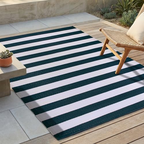 FH Home Outdoor Rug - Waterproof, Fade Resistant, Reversible - Premium Recycled Plastic - Striped - Porch, Deck, Balcony, Mudroom, Laundry Room, Patio - Brittany - Blue & White Crease Free - 3 x 5 ft - color: Brittany - Blue & White, size: 3' x 5' (Rectan