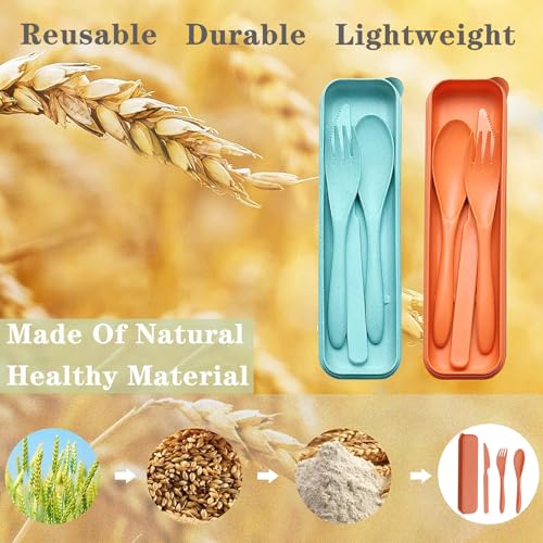 Reusable Travel Utensils Set with Case, 2 Sets Wheat Straw Portable Plastic Fork Spoons Knife Cutlery, Camping Eco-Friendly BPA Free Tableware for Kids Adults Work Picnic or Daily Use (Orange+Green) - color: Green+Orange