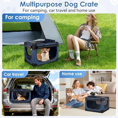 Soft Small Dog Crate - 24 inch Portable Travel Puppy Crate for Small Pets or 2 Cats, Collapsible Pet Carrier with 4 Mesh Doors, Car Kennel for Dogs with Handle for Indoor and Outdoor, Bule - color: Blue