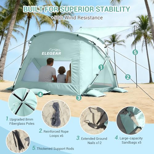 Elegear Beach Tent Sun Shelter with Canopy, CumbreX™ 4-6 Person Pop Up beach tent, Easy Setup UPF 50+ UV Protection Portable Lightweight Waterproof Cooler Family Beach Cabana Sun Shade Shelter - Green - color: Green