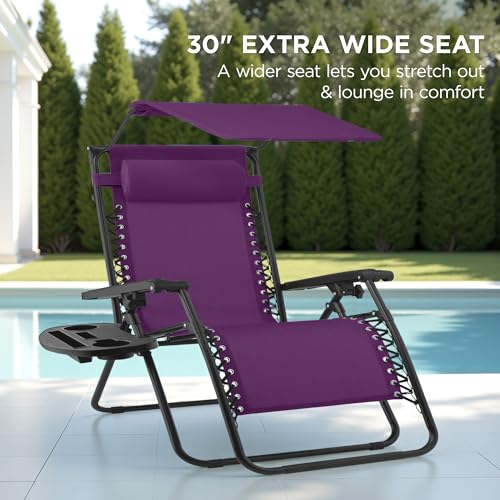 Best Choice Products 30” Wide Folding Zero Gravity Outdoor Recliner Patio Lounge Chair w/Adjustable Canopy Shade, Headrest, Side Accessory Tray - Amethyst Purple - color: Amethyst Purple, size: Oversized Extra Wide