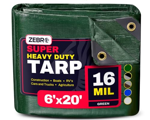 6' x 20' Green Heavy Duty Tarp with Grommets Reinforced - 16 Mil Thick - Double Sided Plastic Tarps Waterproof - Large Tarpaulin Cover for Outdoor Camping Over/Under Tent Tarp RV Roof Rain - Zebro - color: Green, size: 6' x 20'