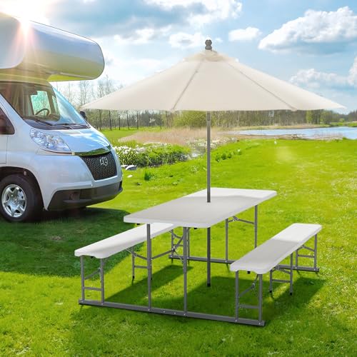 VINGLI Folding Picnic Table and Bench Set with Umbrella, Portable Outdoor Dining Furniture for Camping, Patio, Backyard, Wood Grain Plastic Top with Metal Frame - color: White, style: With Umbrella