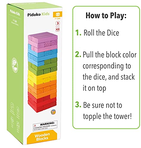 Pidoko Kids Wooden Stacking Building Blocks (49 Pcs) - Colorful Tumbling Blocks Board Games for Family Game Night - Montessori Toys Gifts, Includes Storage Bag