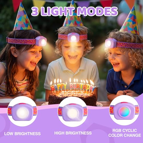 EverBrite LED Headlamp Rechargeable Kids Headlamp with RGB Mode and Adjustable Headband, 3 Modes Multicolor Headlamp for Camping, Reading, Exploring, Hiking-2 Pack - color: Sweety 2 Pack