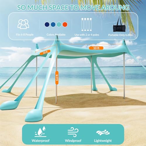 Gardentime Beach Tent Canopy with 8 Sandbags 4 Aluminum Poles, Pop Up Portable Camping Sun Shelter, Easy Set Up with 2 Sand Shovel, Ground Pegs, Carrying Bag for Outdoor Beach,Picnic, Fishing - color: Turquoise