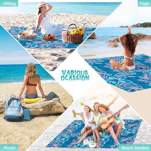 Beach Blanket Waterproof Sandproof 1-7 Adult Oversized 78 '' × 81 '' Lightweight Durable Compact Sand Free Extra Large Beach Mat for Travel Camping Hiking Picnic Blanket - color: Blue Flower, size: 78“x81”