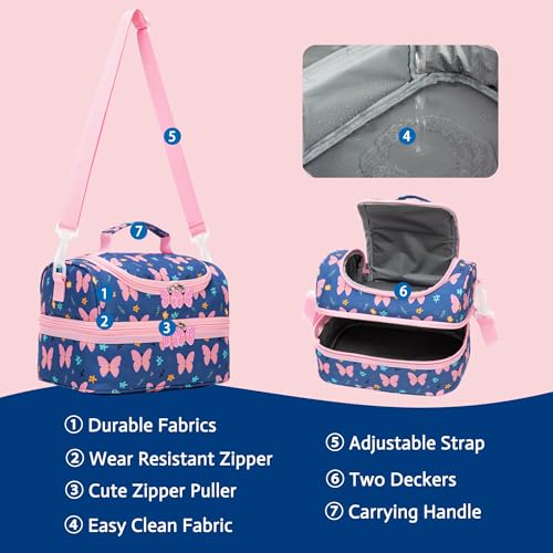 Insulated Kids Dual Compartment Lunch Bags Tote for Girls Boys Toddler Lunch Boxes Pre-School Toddler Kindergarten Picnic Camp Food Cooler Thermal with Strap (ZPINK‌BTFLY) - color: ZPINK‌BTFLY