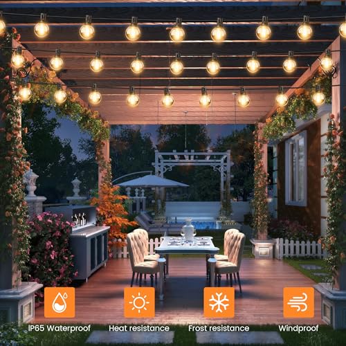 OHLUX 60FT Solar Globe String Lights Outdoor, Shatterproof Solar Patio Lights with Remote, 27 Dimmable LED Filament G40 Bulbs, 2200K Soft Warm White Edison Hanging Light for Outside Backyard Deck - size: 60FT